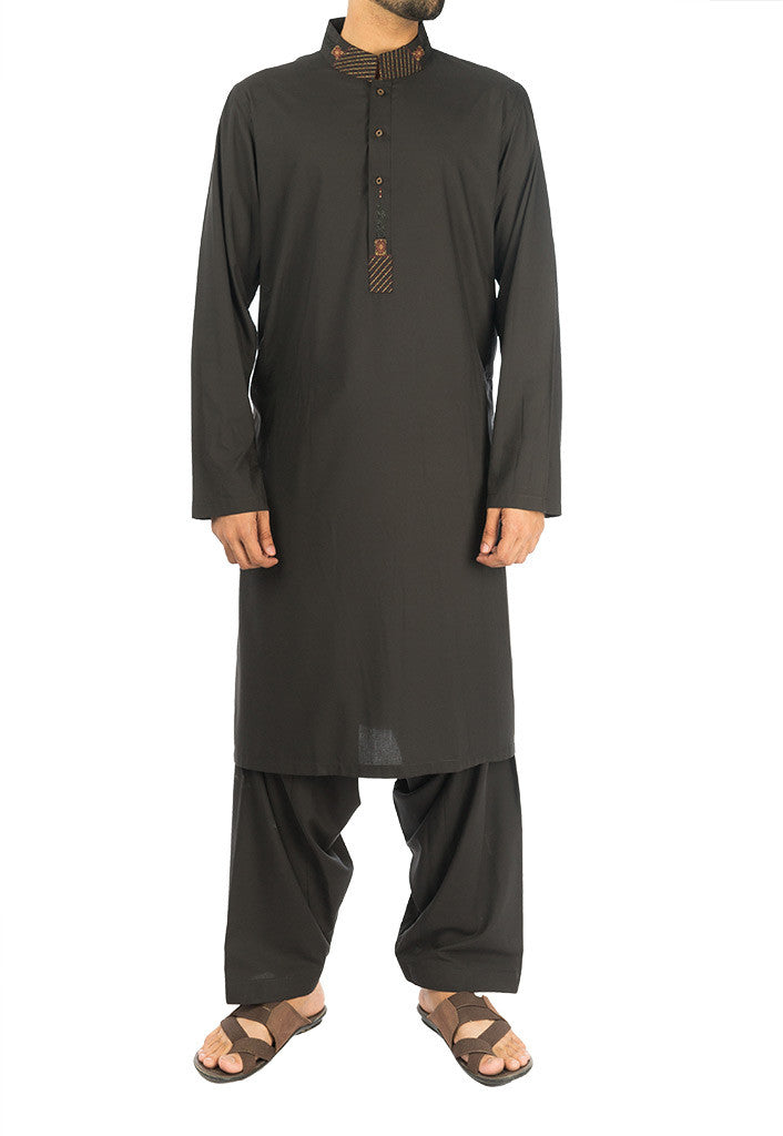 Image of Men Men Shalwar Qameez Black Suit with embroidery. RQ-16276