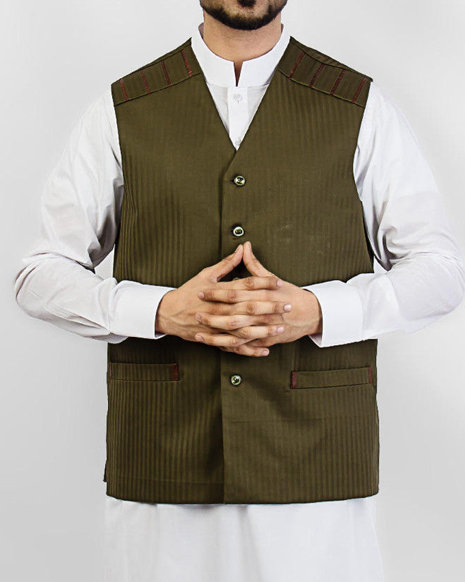 Image of Men Waist Coat Olive Green designer waist coat in suiting fabric Product Code: RWC-002