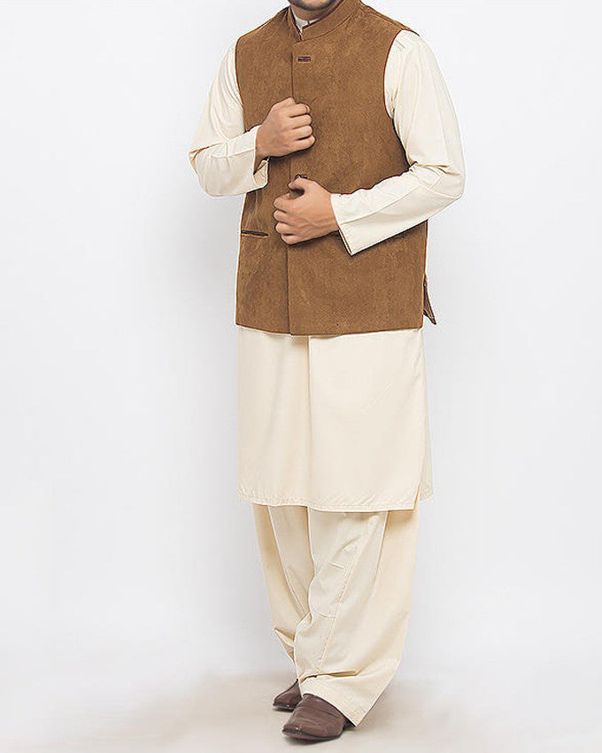 Image of Men Waist Coat Decent -1 Camel Brown Colored in Suiting Fabric Waist  Coat Product Code: RWC-008